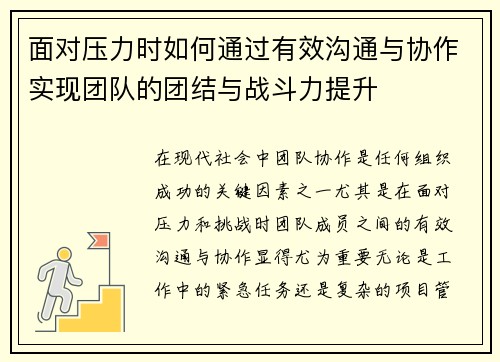 面对压力时如何通过有效沟通与协作实现团队的团结与战斗力提升